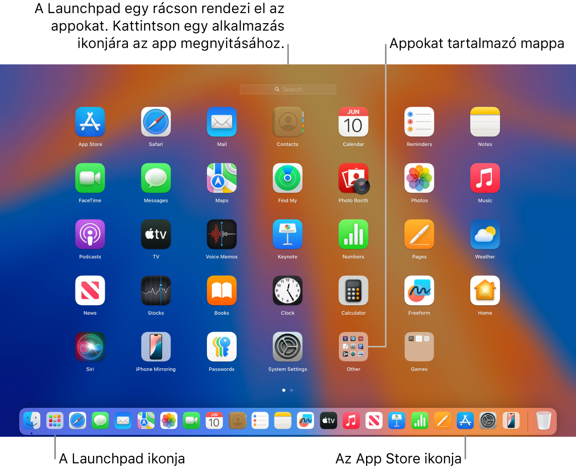 Egy Mac képernyője a megnyitott Launchpaddal, amelyben az appok mappája látható, valamint a Launchpad és az App Store ikonjaival a Dock területén.