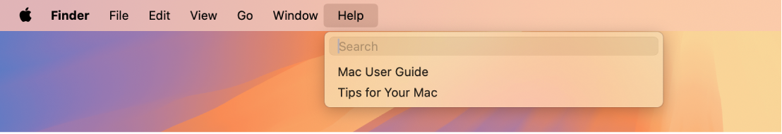 Desktop terpisah dengan menu Bantuan terbuka, menampilkan pilihan menu untuk Pencarian dan Bantuan macOS.