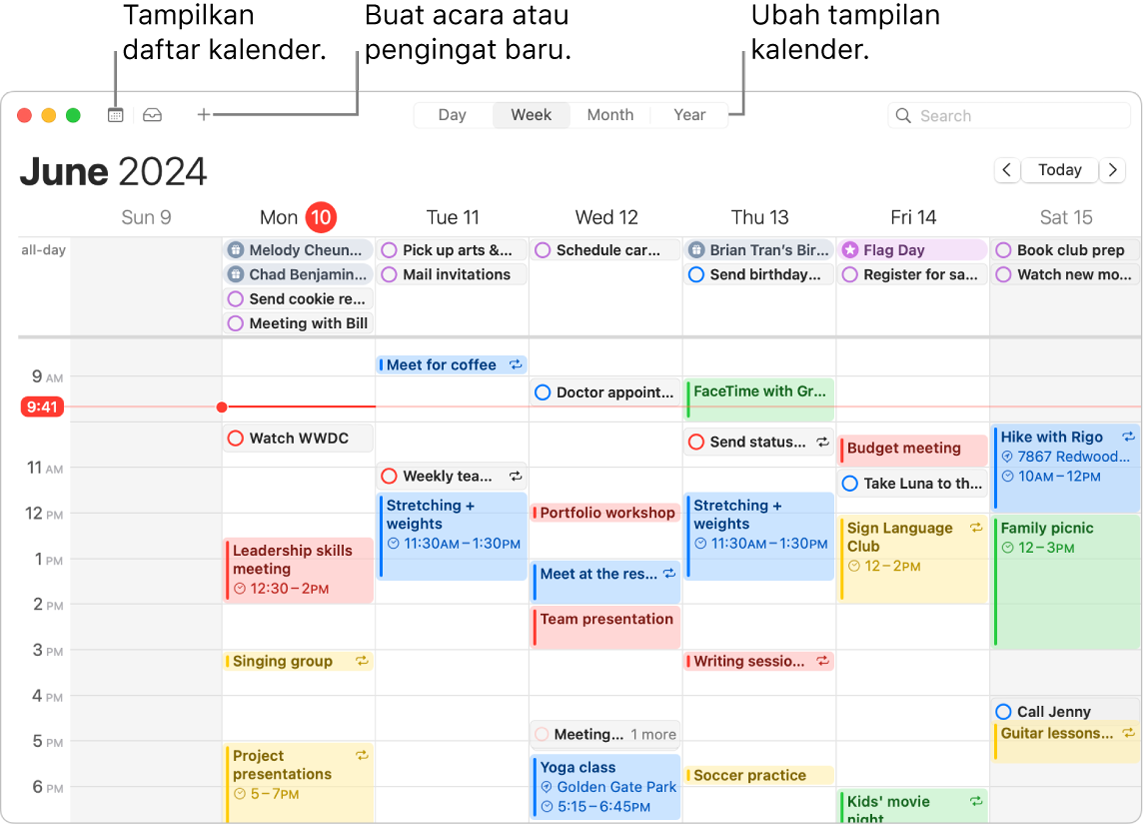 Jendela Kalender menampilkan semua acara dan pengingat yang dijadwalkan untuk minggu tersebut. Panah menunjuk ke tombol yang menampilkan daftar kalender, membuat acara atau pengingat, dan mengubah tampilan ke Hari, Minggu, Bulan, atau Tahun.