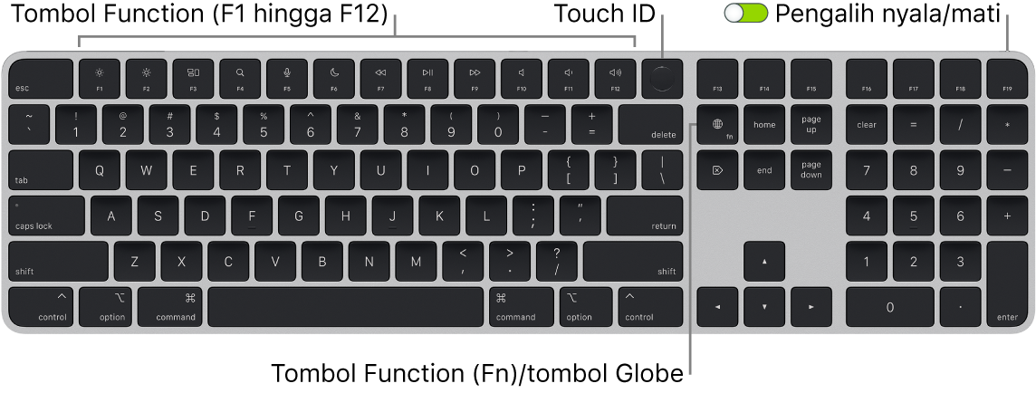 Magic Keyboard dengan Touch ID dan Keypad Numerik menampilkan baris tombol function dengan Touch ID di sepanjang bagian atas dan tombol Function (Fn)/Globe di sebelah kanan tombol Delete.