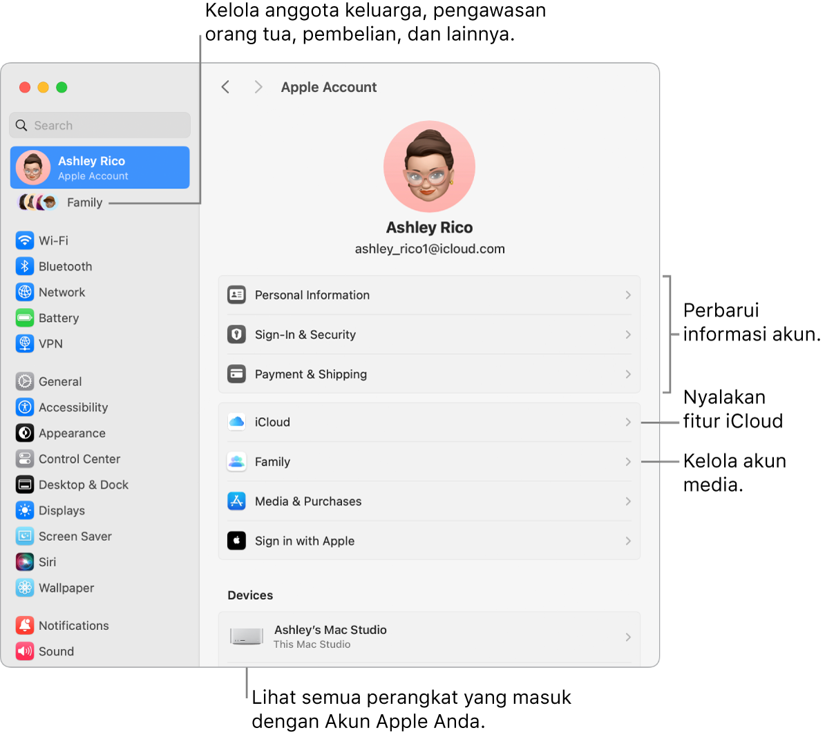 Pengaturan Akun Apple di Pengaturan Sistem dengan keterangan untuk memperbarui informasi akun, menyalakan atau mematikan fitur iCloud, mengelola akun media, dan Keluarga, tempat Anda dapat mengelola anggota keluarga, pengawasan orang tua, pembelian, dan lainnya..