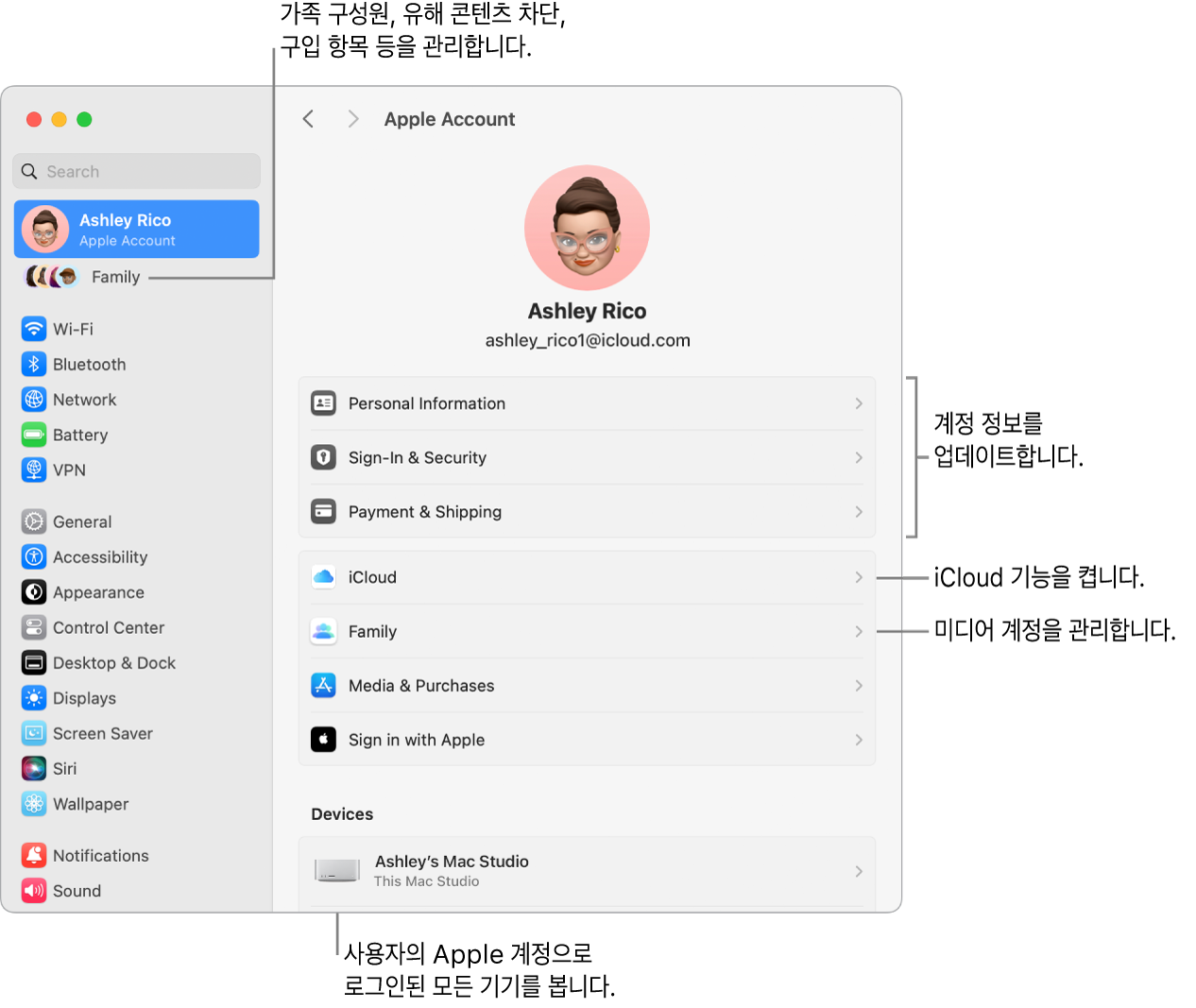 계정 정보 업데이트, iCloud 기능 켜기 또는 끄기, 미디어 계정 관리 및 가족 구성원, 유해 콘텐츠 차단, 구입 항목 등을 관리할 수 있는 가족에 대한 설명이 있는 시스템 설정의 Apple 계정 설정.