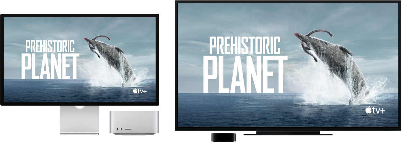 „Mac Studio“ turinys, bendrinamas dideliame HDTV naudojant „Apple TV“.