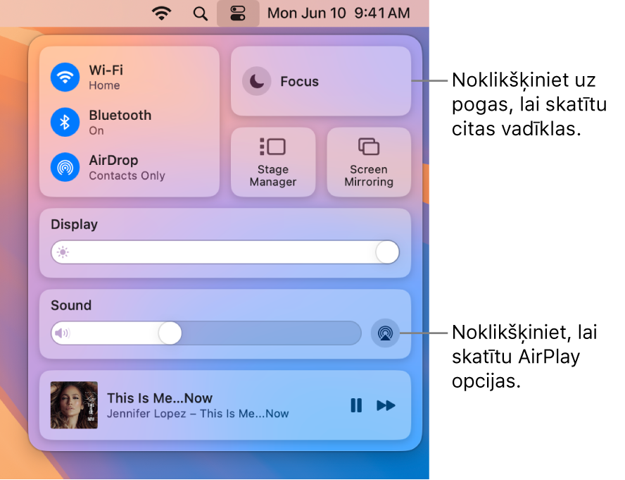 Tuvināts izvēlnes Control Center skats Mac datorā.