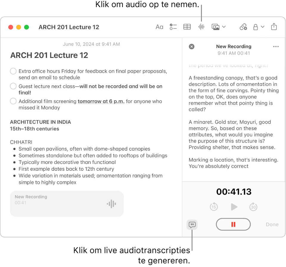 Een Notities-venster met een notitie die een checklist, een opsommingslijst en een audio-opname bevat. Het venster met audiodetails is open en laat een transcriptie van de audio-opname zien.