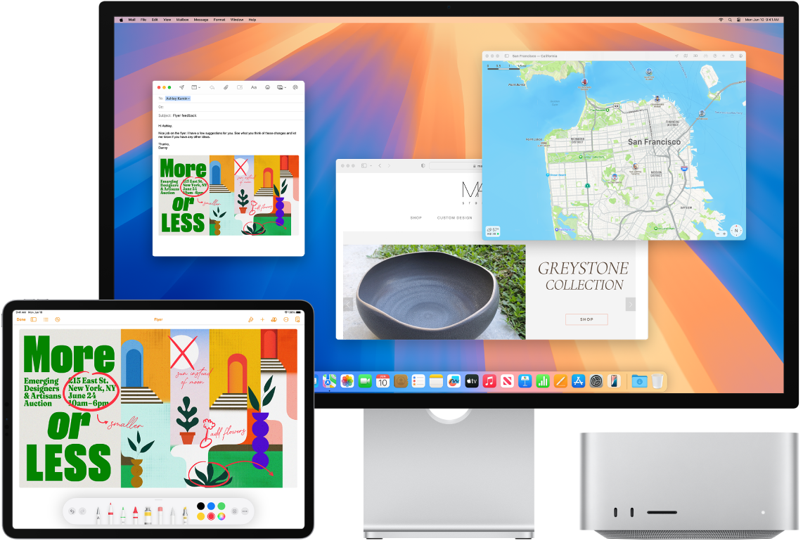 Um Mac Studio e um iPad lado a lado. O ecrã do iPad mostra um panfleto com anotações. O ecrã do Mac Studio tem uma mensagem do Mail com um panfleto anotado do iPad como anexo.