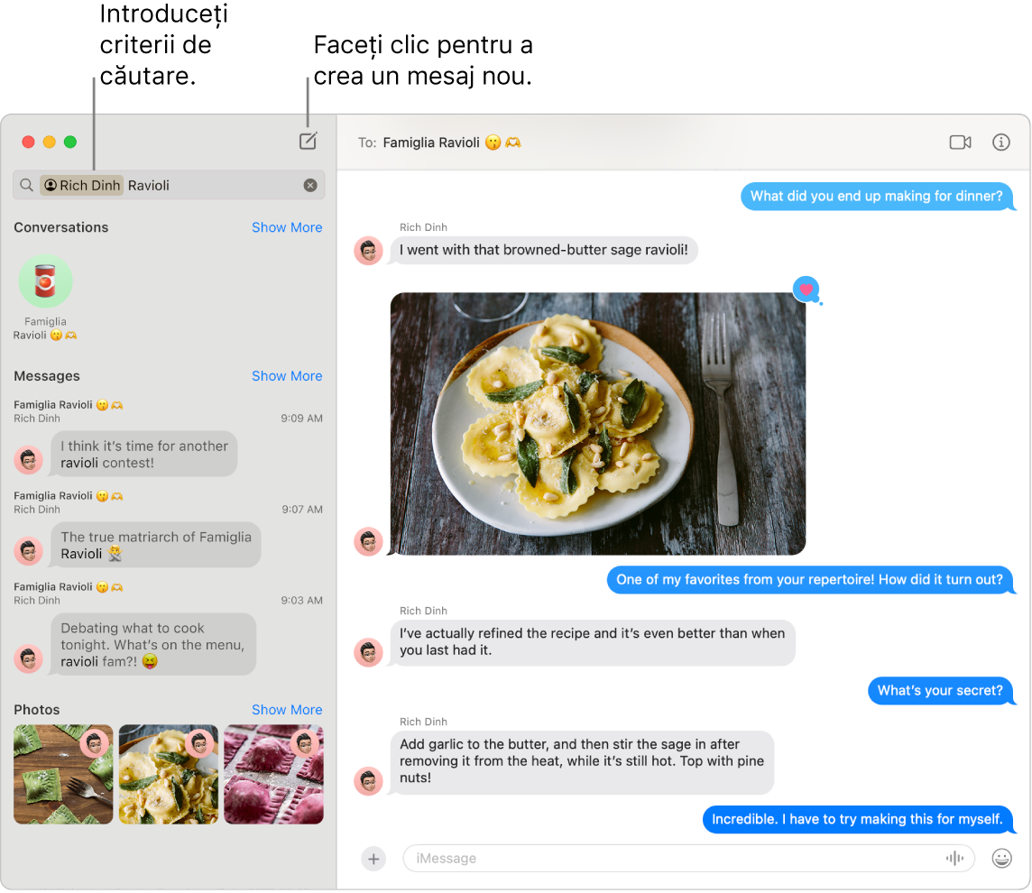 O fereastră Mesaje afișând rezultatele căutării pentru un contact și “ravioli” în stânga. În dreapta, o conversație și o imagine cu ravioli.