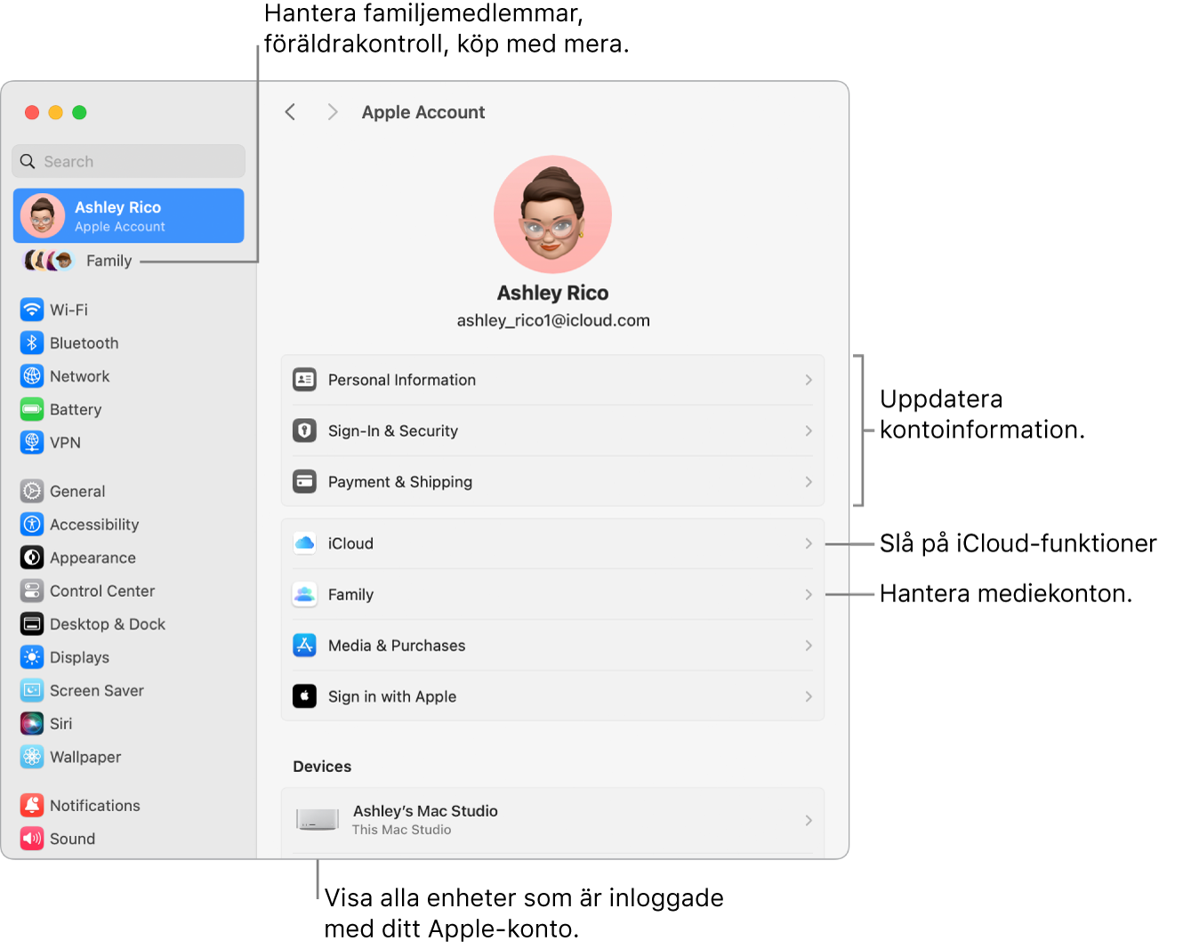 Apple‑kontoinställningarna i Systeminställningar med streck som pekar mot alternativ för att uppdatera kontoinformation, slå på eller stänga av iCloud-funktioner, hantera mediekonton och Familj där du kan hantera familjemedlemmar, föräldrakontroller, köp med mera.