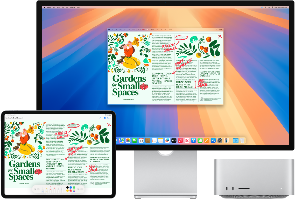 En Mac Studio och en iPad sida vid sida. Båda skärmarna visar en artikel som är täckt av röda handskrivna redigeringsanteckningar, till exempel överstrukna meningar, pilar och kompletterande ord. Det finns även märkningsreglage längst ned på iPad-skärmen.