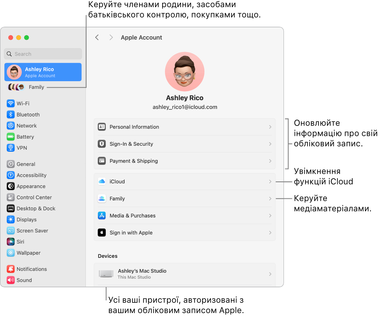 Параметри облікового запису Apple у Системних параметрах із виносками для оновлення інформації про обліковий запис, увімкнення та вимкнення функцій iCloud, керування обліковими записами в соцмережах, а також розділ «Родина», у якому можна керувати учасниками родини, батьківським контролем, покупками тощо.
