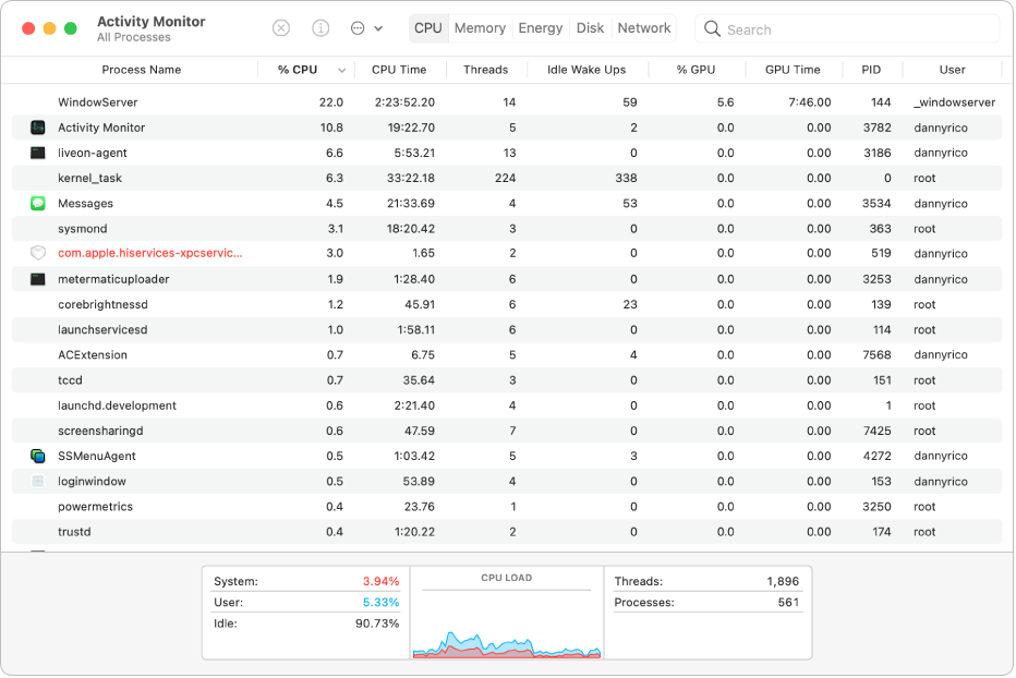 An unresponsive process in the Activity Monitor window.