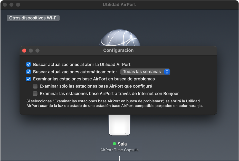 Configuración de Utilidad de AirPort mostrando las casillas Buscar actualizaciones al abrir Utilidad AirPort, Buscar actualizaciones automáticamente, y .Examinar las estaciones base AirPort en busca de problemas.