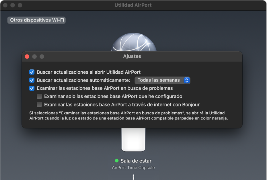 Ajustes de Utilidad AirPort, con las opciones “Buscar actualizaciones al abrir Utilidad AirPort”, “Buscar actualizaciones automáticamente” y “Examinar las estaciones base AirPort en busca de problemas”.