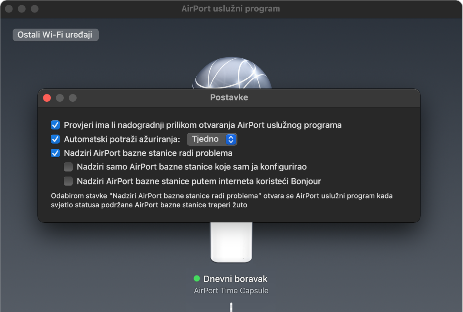 Postavke AirPort uslužnog programa koji prikazuje potvrdne kućice “Potraži ažuriranja pri otvaranju AirPort uslužnog programa” “Automatski potraži ažuriranja” i “Nadziri AirPort bazne stanice radi problema”.