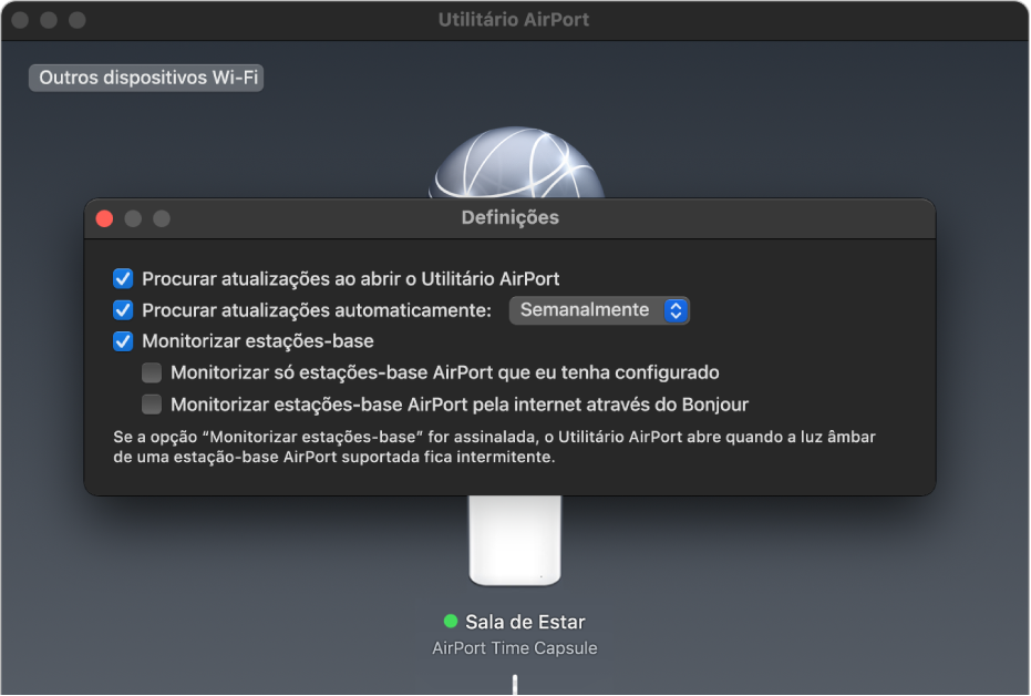 As definições do Utilitário AirPort, com as opções assinaláveis “Procurar atualizações ao abrir o Utilitário AirPort”, “Procurar atualizações automaticamente” e “Monitorizar estações‑base”.