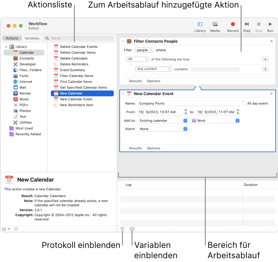 Das Automator-Fenster Die Bibliothek erscheint ganz rechts und enthält eine Liste der Apps, für die Automator Aktionen bereitstellt. Die App „Kalender“ ist in der Liste ausgewählt und für Kalender verfügbare Aktionen sind in der rechten Spalte aufgelistet. Auf der rechten Seite des Fensters befindet sich ein Arbeitsablauf, dem eine Kalenderaktion hinzugefügt wurde.