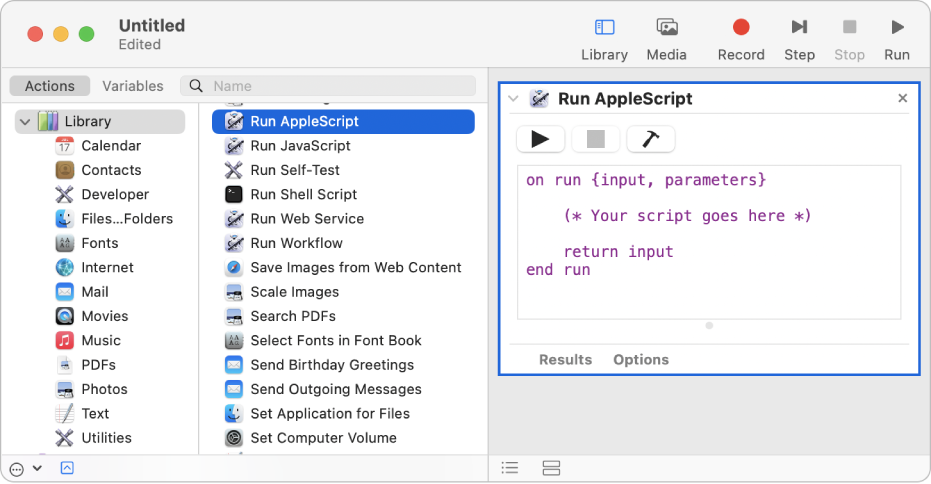 Prozor aplikacije Automator s postupkom Pokreni AppleScript.