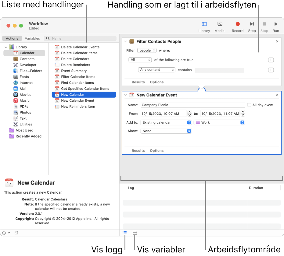 Automator-vinduet. Biblioteket vises helt til venstre og inneholder en liste med apper som Automator har handlinger for. Kalender-appen er markert i listen, og tilgjengelige handlinger i Kalender er oppført i kolonnen til høyre. Til høyre i vinduet er det en arbeidsflyt der en Kalender-hendelse er lagt til.