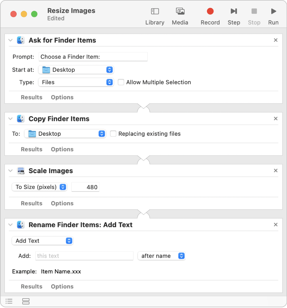 Fluxo de trabalho do Automator com quatro ações.