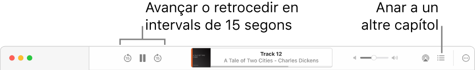 El reproductor d’audiollibres a l’Apple Books que mostra, d’esquerra a dreta, el botó “Velocitat de reproducció”, els botons “Avança”, “Posa en pausa” i “Retrocedeix”, el títol i l’autor de l’audiollibre que s’està reproduint, el regulador de volum i el botó de l’AirPlay, el botó “Taula de continguts” i el botó “Més”.