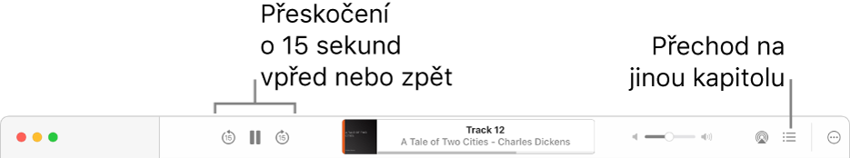 Přehrávač audioknih v Apple Books zobrazující, zleva doprava, tlačítko Rychlost přehrávání, tlačítka Přeskočit vpřed, Pozastavit a Přeskočit zpět, název a autora právě přehrávané audioknihy, jezdec Hlasitost, tlačítko AirPlay, tlačítko Obsah a tlačítko Více