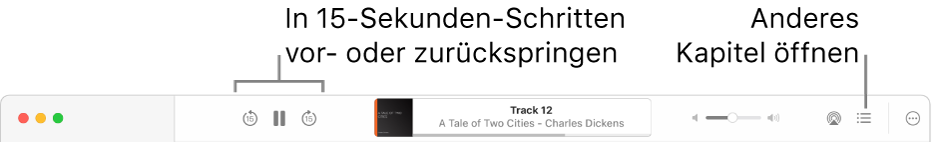 Der Hörbuch-Player in Apple Books mit (von links nach rechts) der Taste „Wiedergabetempo“, den Tasten „Vorspringen“, „Pause“ und „Zurückspringen“, dem Titel und dem:der Autor:in des gerade wiedergegebenen Hörbuchs, dem Lautstärkeregler, der AirPlay-Taste, der Taste „Inhaltsverzeichnis“ und der Taste „Mehr“.