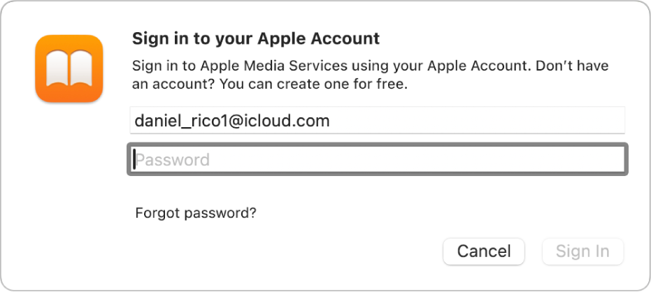 The “Sign in to your Apple Account” dialog in Books.