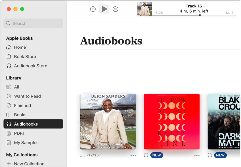 The audiobook player. Along the top are the player’s controls, a thumbnail of the audiobook’s cover and the audiobook’s title and author. Below is the Audiobooks collection in the library.