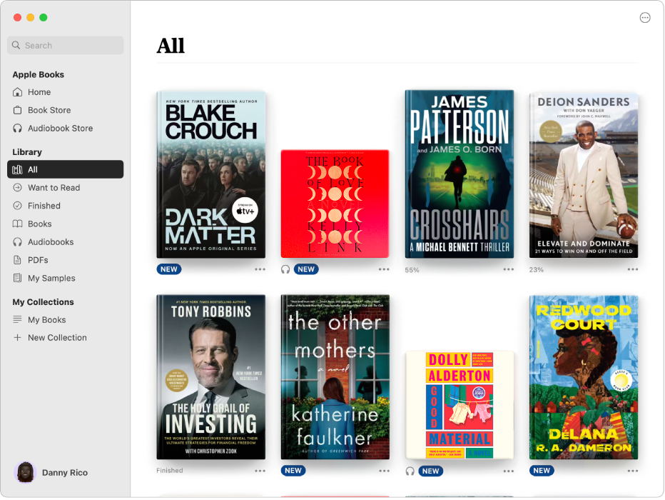 A Books app window showing the All collection selected in the sidebar and the titles from that collection displayed on the right.