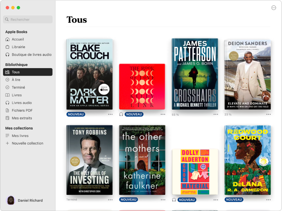 Une fenêtre de l’app Livres qui affiche la collection « Tous » sélectionnée dans la barre latérale, avec les titres de cette collection affichés à droite.