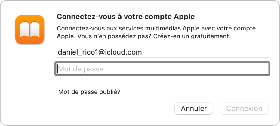 La zone de dialogue « Connectez-vous à votre compte Apple » dans l’app Livres