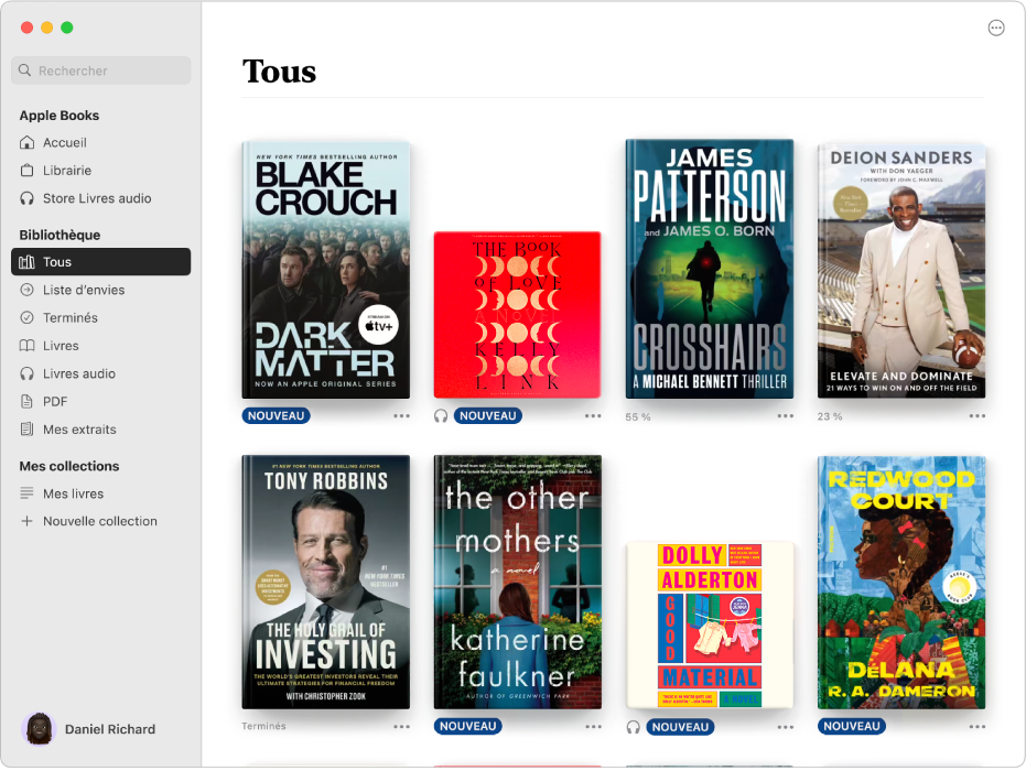 Une fenêtre de l’app Livres avec la collection Tous sélectionnée dans la barre latérale et les titres de cette collection affichés à droite.