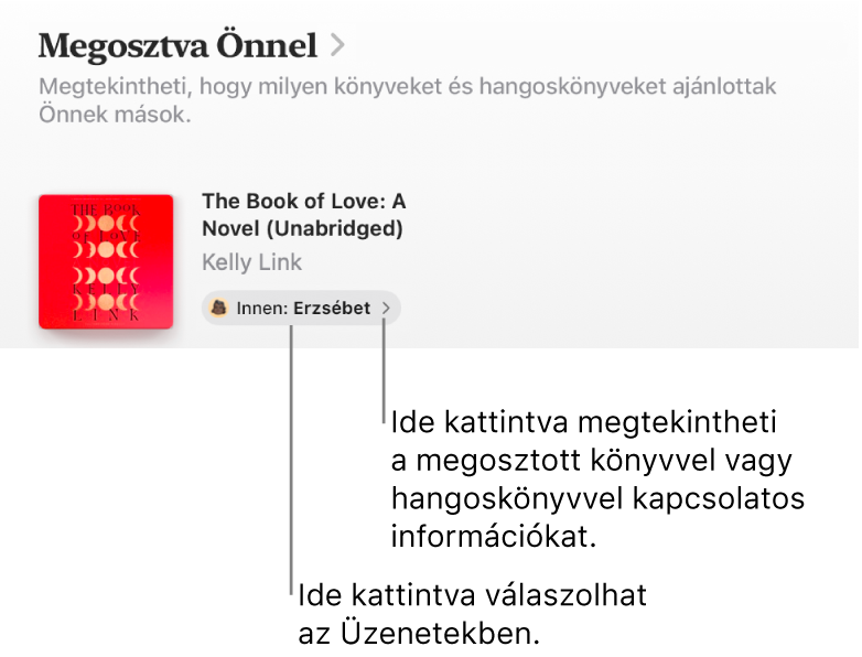 Egy képernyő, amelyen egy könyv látható az Önnel megosztva szakaszban.