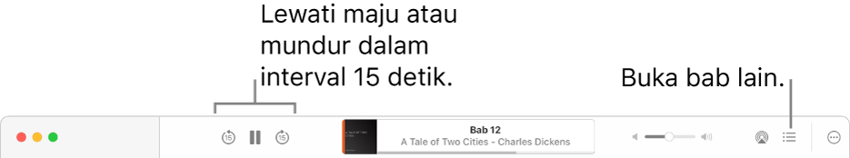 Pemutar buku audio di Apple Books menampilkan, dari kiri ke kanan, tombol Kecepatan Pemutaran, tombol Lewati Maju, Jeda, dan Lewati Mundur, judul serta penulis buku audio yang saat ini diputar, penggeser Volume, tombol AirPlay, tombol Daftar Isi, serta tombol Lainnya.