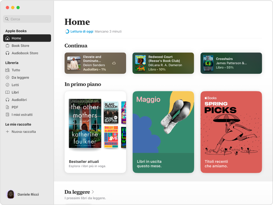 Una finestra dell’app Libri che mostra il pannello Home selezionato nella barra laterale e le sezioni “Continua a leggere” e “In primo piano” sulla destra.