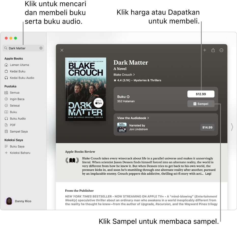 Tetingkap dengan tajuk buku dalam medan carian di sebelah kiri. Di sebelah kanan, halaman buku dipaparkan dengan pilihan untuk membeli buku atau buku audio untuk dibaca sebagai sampel. Tetingkap juga menunjukkan ulasan dan nota daripada penerbit.