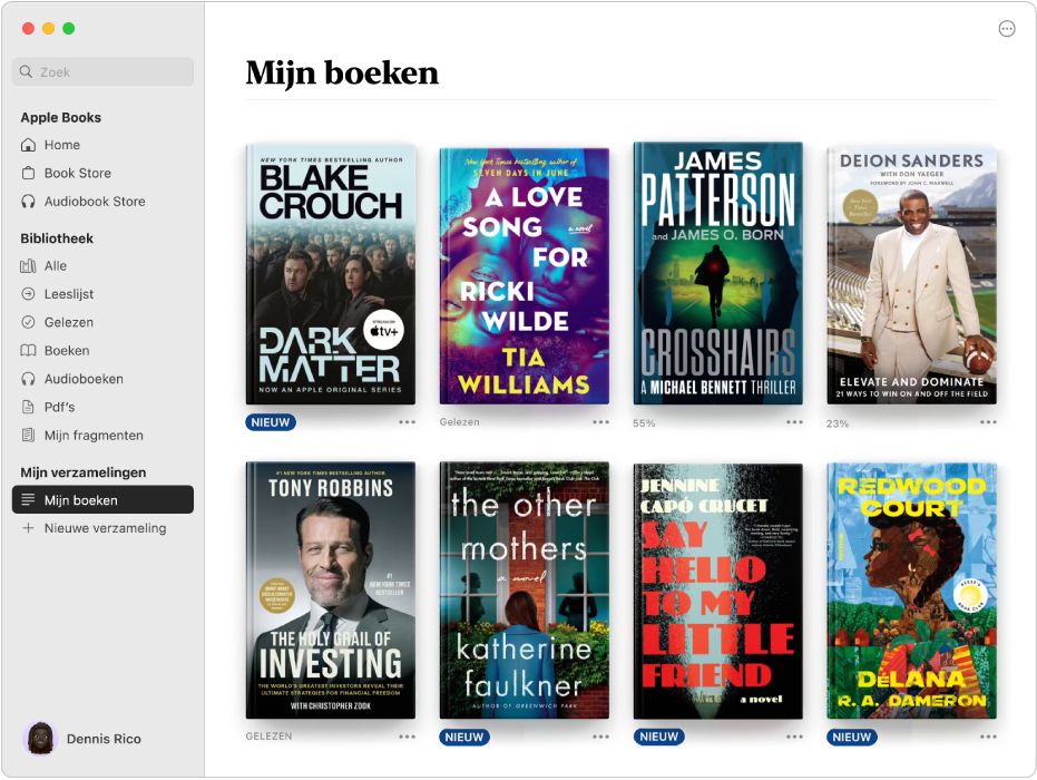 Een venster van de app Boeken met 'Mijn boeken' geselecteerd in de navigatiekolom en aan de rechterkant de verzameling met zelfgekozen boeken.