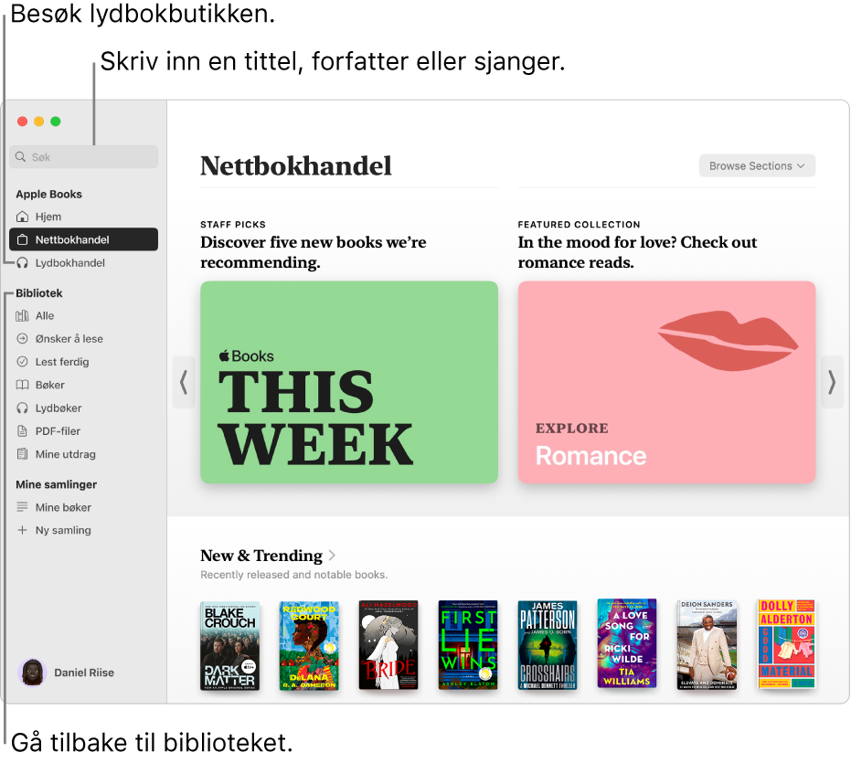 Hovedvinduet i nettbokhandelen. Sidepanelet er til venstre. Søkefeltet, som du kan bruke til å søke etter bøker og lydbøker, befinner seg øverst i sidepanelet.