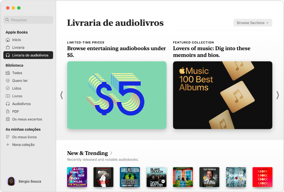 Uma janela da aplicação Livros a mostrar a Livraria de audiolivros selecionada na barra lateral, com categorias de títulos à direita incluindo “New & Trending” e “Limited-Time Prices”.