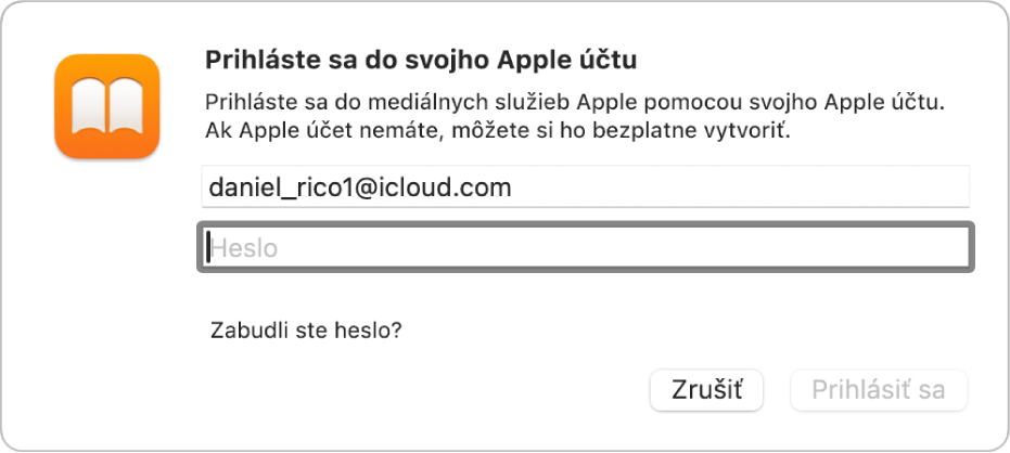 Dialógové okno „Prihláste sa do svojho Apple účtu“ v apke Knihy.