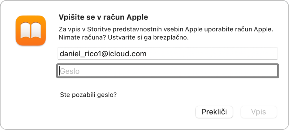 Pogovorno okno »Vpis v račun Apple« v aplikaciji Knjige.