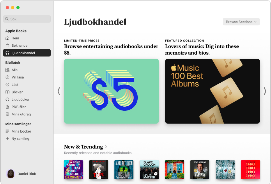 Ett fönster i appen Böcker med Ljudbokhandel markerad i sidofältet och kategorier med titlar som New & Trending och Limited-Time Prices till höger.