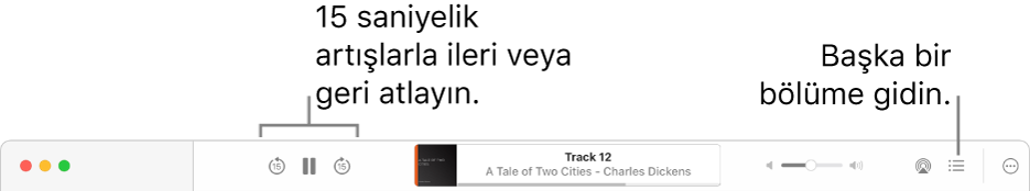 Kitaplar’da, soldan sağa doğru Çalma Hızı düğmesini, İleriye Doğru Atla, Duraklat ve Geriye Doğru Atla düğmelerini, o anda çalan sesli kitabın adını ve yazarını, Ses Yüksekliği sürgüsünü, AirPlay düğmesini, İçindekiler düğmesini ve Daha Fazla düğmesini gösteren sesli kitap çalar.