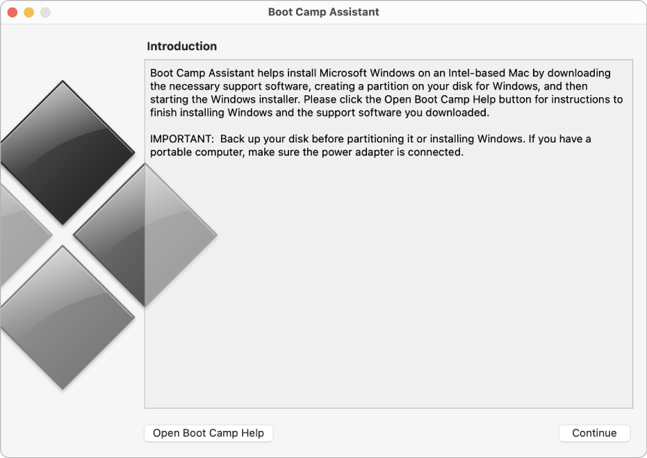 Pannello iniziale di Boot Camp con un pulsante che consente di visualizzare Aiuto e uno per continuare l’installazione.