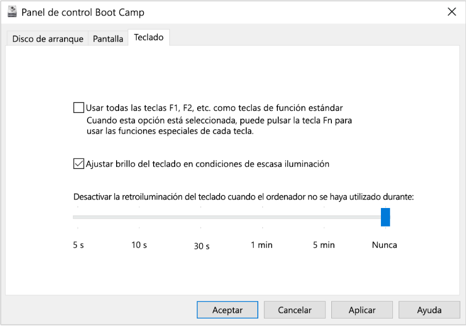 El panel de control de Boot Camp con el panel de opciones del teclado, en el que puedes seleccionar ajustes para el brillo del teclado y el funcionamiento de las teclas.