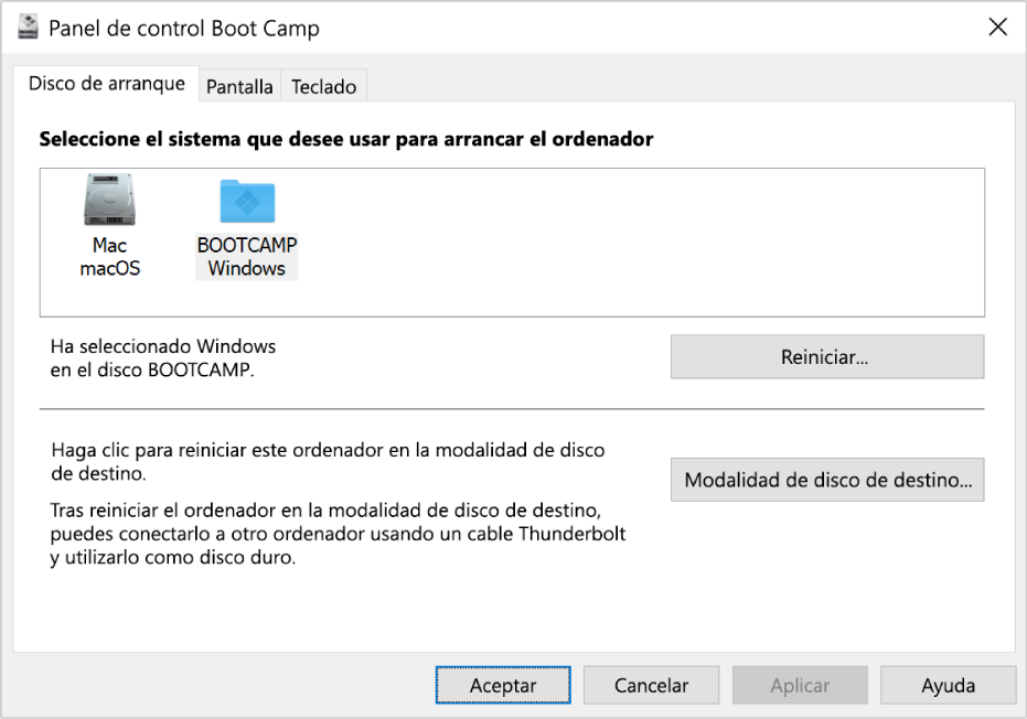 El panel de control de Boot Camp con el panel de selección del disco de arranque, que también incluye opciones para reiniciar el ordenador o usar el ordenador en la modalidad de disco de destino.