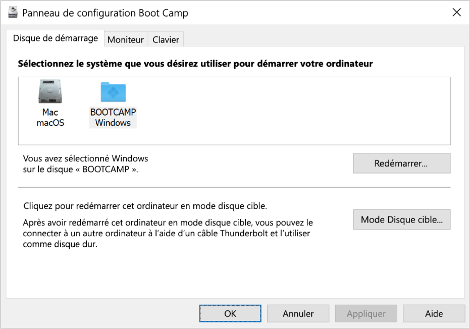 Le panneau de configuration Boot Camp affichant le volet de sélection du disque de démarrage, qui comprend également des options afin de redémarrer votre ordinateur ou utiliser le mode disque cible.