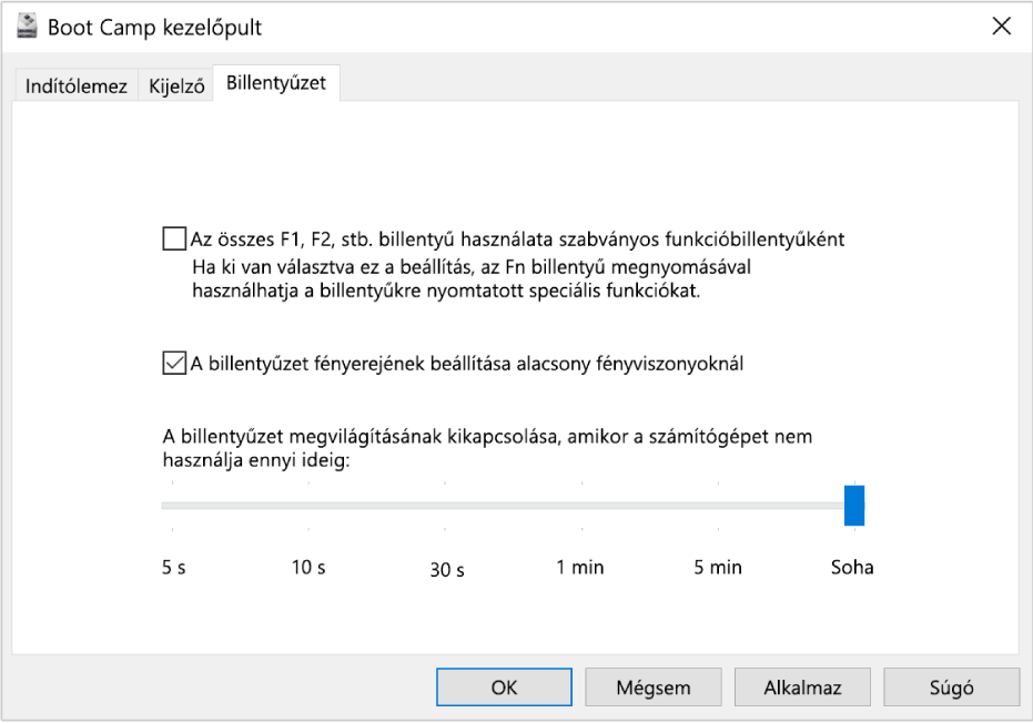 A Boot Camp vezérlőpult a Billentyűzet beállításai panellel, ahol kiválaszthatja a billentyűzet fényerejének és a funkcióbillentyűk működésének beállításait.