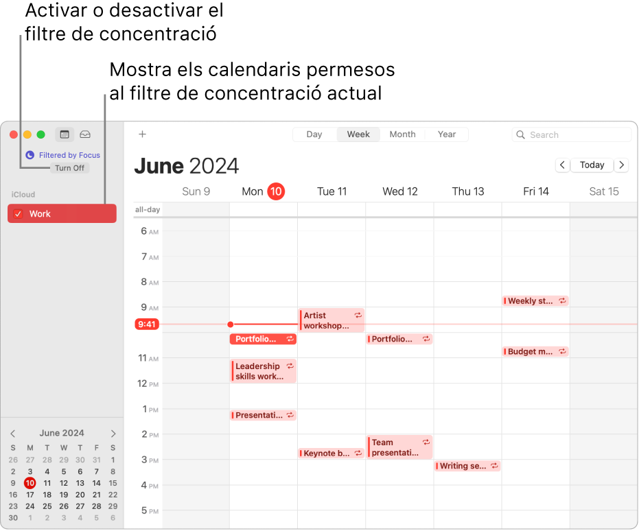 Finestra de l’app Calendari en la vista setmanal que només mostra el calendari laboral a la barra lateral quan el mode de feina està activat.