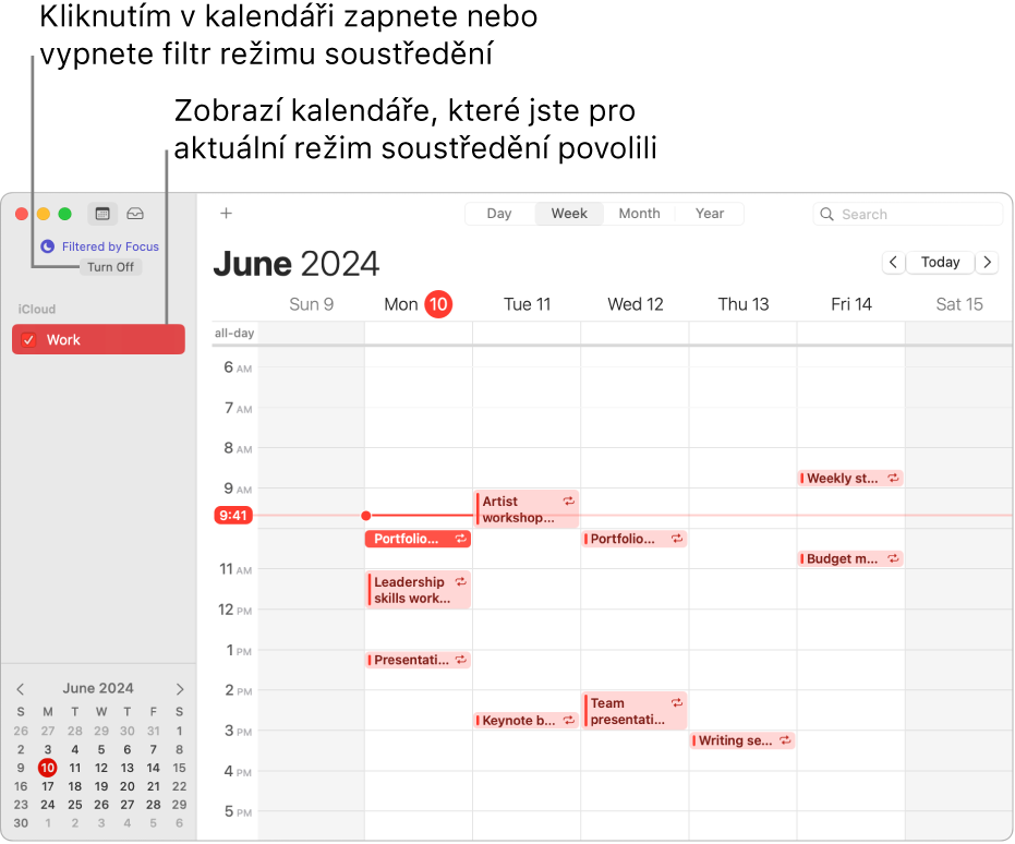 Okno aplikace Kalendář v týdenním zobrazení, ve kterém je na bočním panelu po zapnutí režimu soustředění na práci vidět jen kalendář Práce